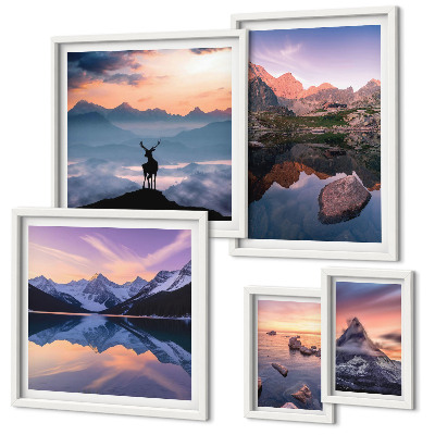 Set di quadri incorniciati Riflessi del tramonto sulle montagne