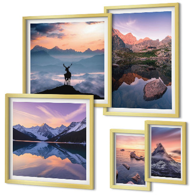 Set di quadri incorniciati Riflessi del tramonto sulle montagne