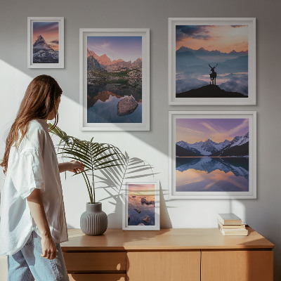 Set di quadri incorniciati Riflessi del tramonto sulle montagne