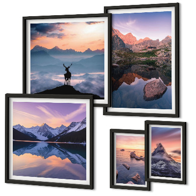 Set di quadri incorniciati Riflessi del tramonto sulle montagne