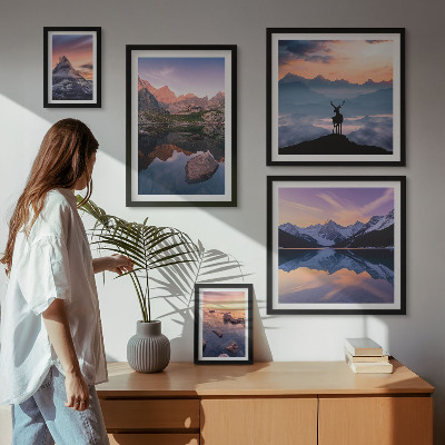 Set di quadri incorniciati Riflessi del tramonto sulle montagne