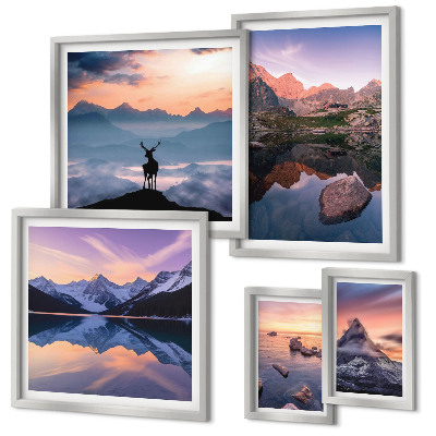 Set di quadri incorniciati Riflessi del tramonto sulle montagne