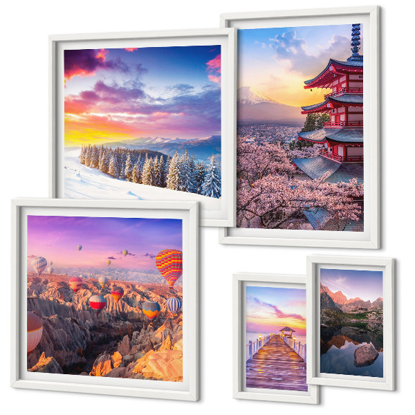 Polittico con cornice montagne e fiori asiatici