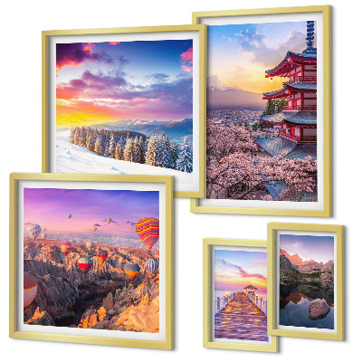 Polittico con cornice montagne e fiori asiatici