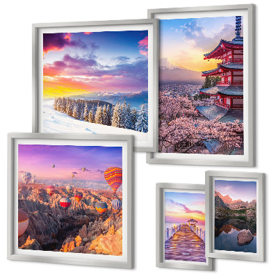 Polittico con cornice montagne e fiori asiatici