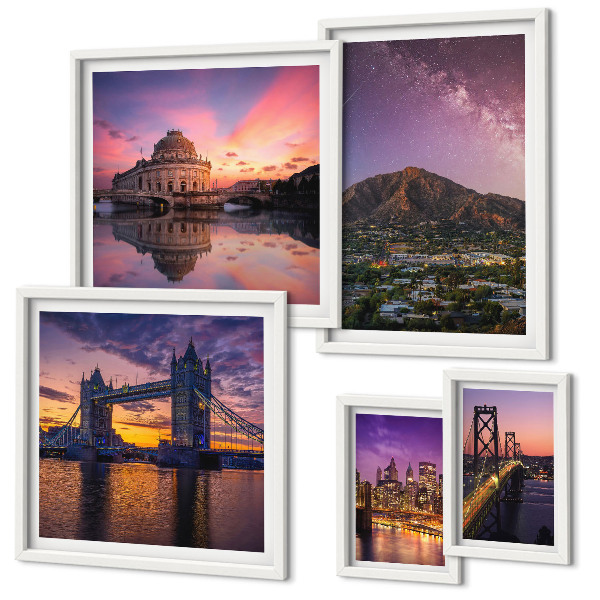 Set di 5 quadri Paesaggi notturni di città di montagna