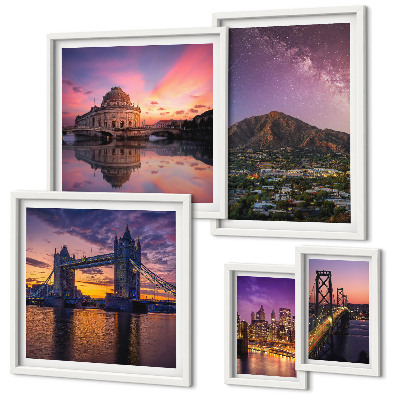 Set di 5 quadri Paesaggi notturni di città di montagna