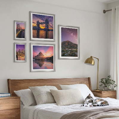 Set di 5 quadri Paesaggi notturni di città di montagna