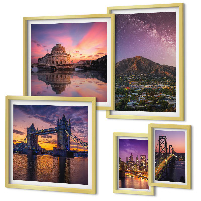 Set di 5 quadri Paesaggi notturni di città di montagna