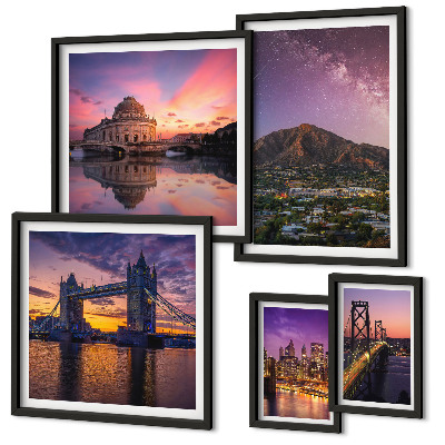Set di 5 quadri Paesaggi notturni di città di montagna