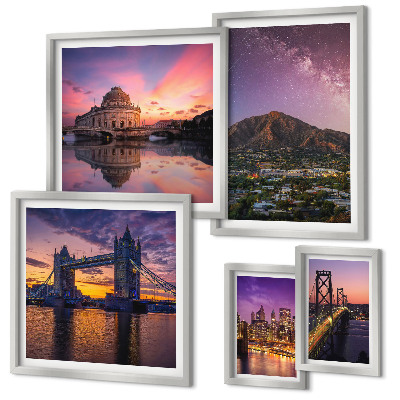 Set di 5 quadri Paesaggi notturni di città di montagna