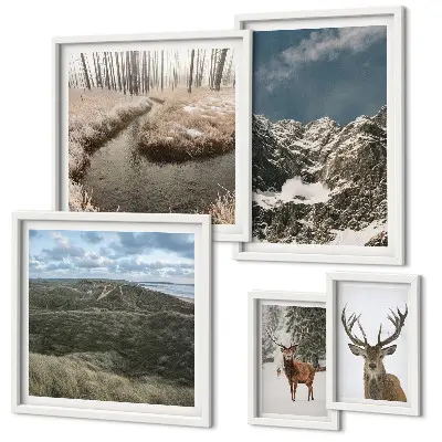 Polittico con cornice natura selvaggia con montagne maestose