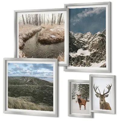 Polittico con cornice natura selvaggia con montagne maestose