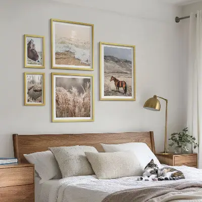 Set di 5 quadri con paesaggi raffiguranti cavalli e acqua