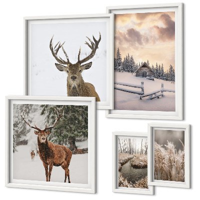 Set di 5 quadri Paesaggi invernali con cervi