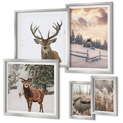 Set di 5 quadri Paesaggi invernali con cervi