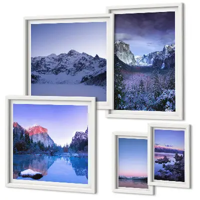 Set di 5 quadri con paesaggi di montagne, laghi e foreste