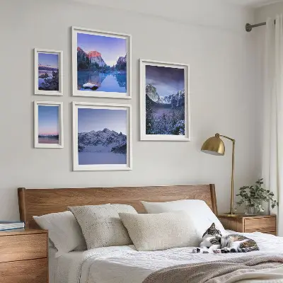 Set di 5 quadri con paesaggi di montagne, laghi e foreste
