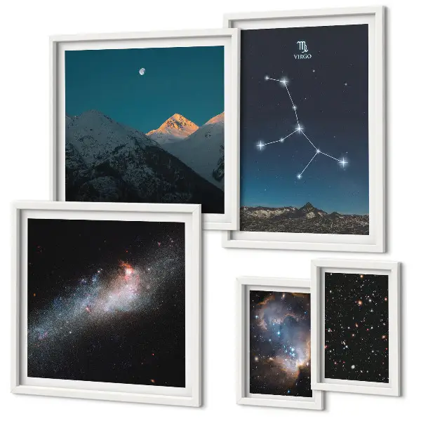 Polittico con cornice paesaggi cosmici notturni con stelle