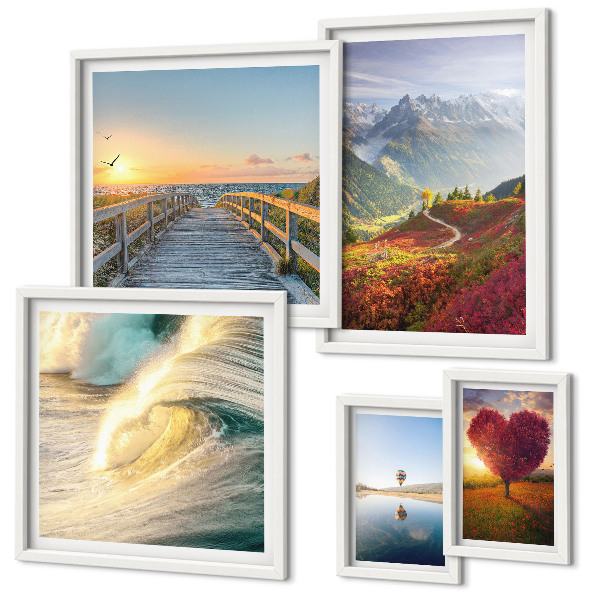 Set di 5 quadri Paesaggi montagne cuore onde palloncini