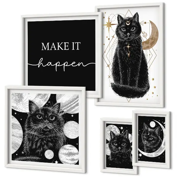 Set di quadri incorniciati con stampa di gatti neri in stile boho spaziale