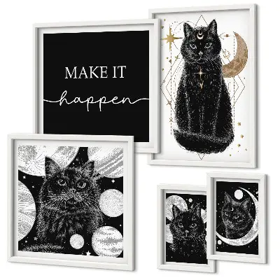 Set di quadri incorniciati con stampa di gatti neri in stile boho spaziale