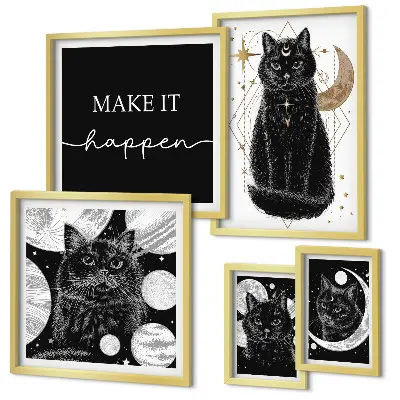 Set di quadri incorniciati con stampa di gatti neri in stile boho spaziale