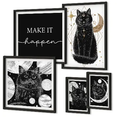 Set di quadri incorniciati con stampa di gatti neri in stile boho spaziale