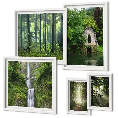 Set di 5 quadri con foreste verdi e cascate immerse nella natura