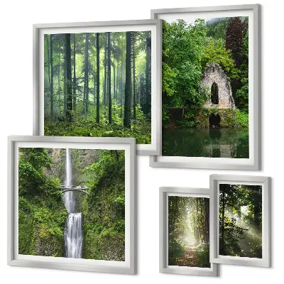 Set di 5 quadri con foreste verdi e cascate immerse nella natura