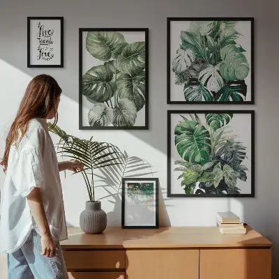 Set di quadri incorniciati con motivi vegetali, citazioni e astrazioni