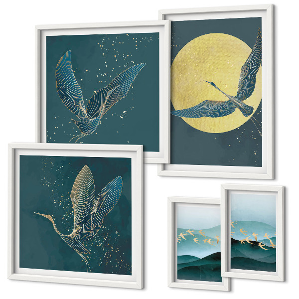 Set di 5 quadri Paesaggi uccelli cielo notturno