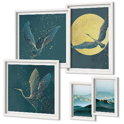 Set di 5 quadri Paesaggi uccelli cielo notturno