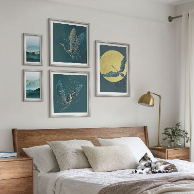 Set di 5 quadri Paesaggi uccelli cielo notturno