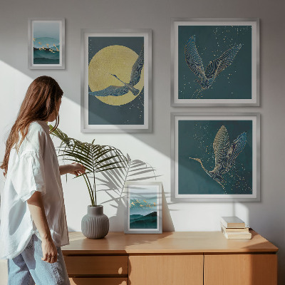 Set di 5 quadri Paesaggi uccelli cielo notturno