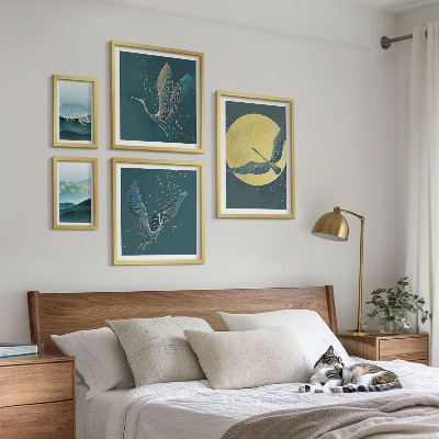 Set di 5 quadri Paesaggi uccelli cielo notturno
