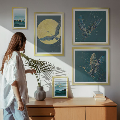 Set di 5 quadri Paesaggi uccelli cielo notturno