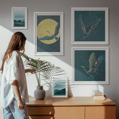 Set di 5 quadri Paesaggi uccelli cielo notturno