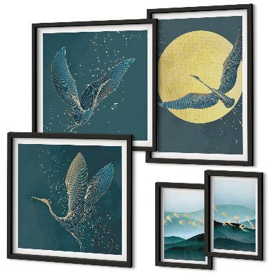 Set di 5 quadri Paesaggi uccelli cielo notturno