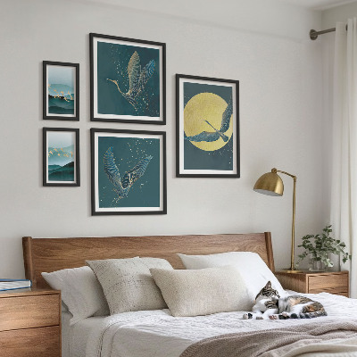 Set di 5 quadri Paesaggi uccelli cielo notturno