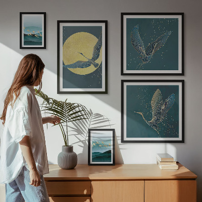 Set di 5 quadri Paesaggi uccelli cielo notturno