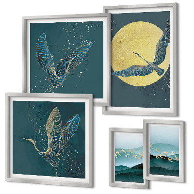 Set di 5 quadri Paesaggi uccelli cielo notturno