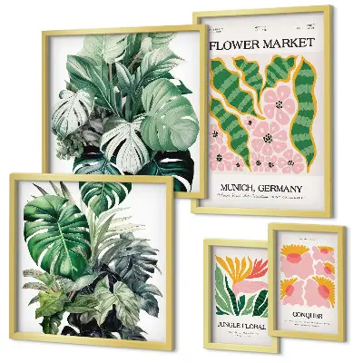 Set di 5 quadri con motivi vegetali e fiori in stile boho