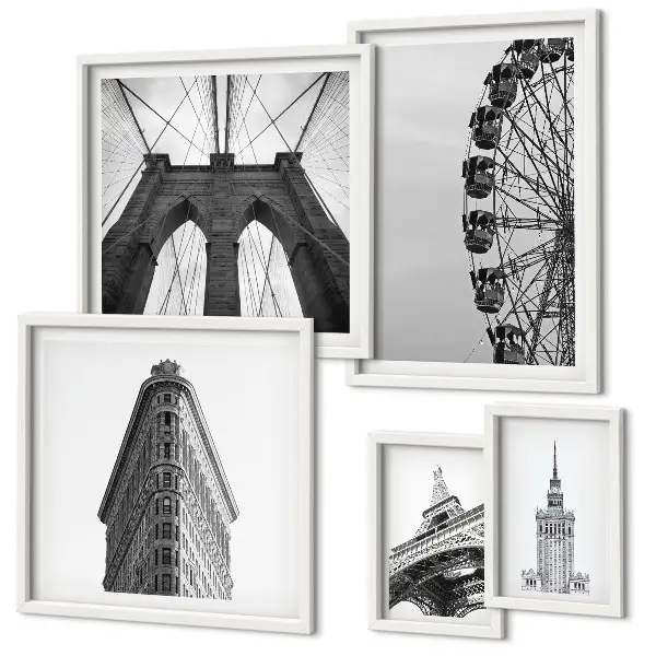 Set di 5 quadri con architettura metropolitana in bianco e nero