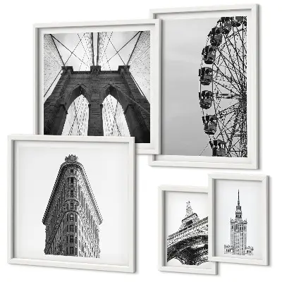 Set di 5 quadri con architettura metropolitana in bianco e nero