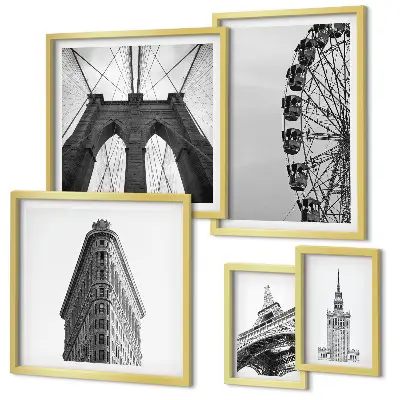 Set di 5 quadri con architettura metropolitana in bianco e nero