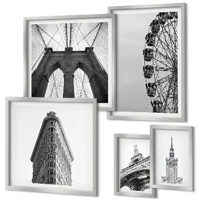 Set di 5 quadri con architettura metropolitana in bianco e nero