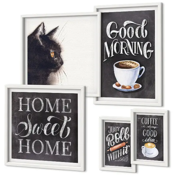 Polittico con cornice con slogan positivi dedicati a gatti e caffè