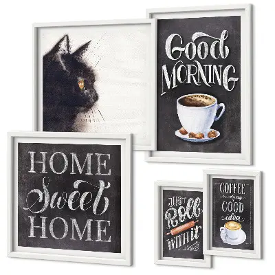 Polittico con cornice con slogan positivi dedicati a gatti e caffè