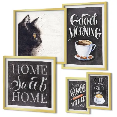 Polittico con cornice con slogan positivi dedicati a gatti e caffè
